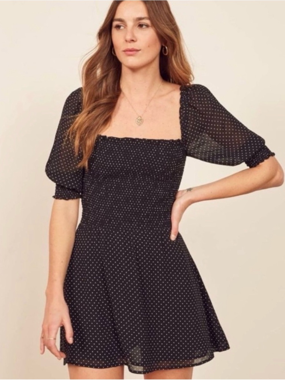 Reformation Elle Smocked Black and White Polka dot mini dress puff sleeves 6